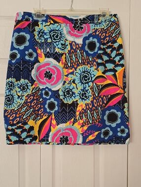 WESTON Size Large Vibrant Floral Mini Skirt in Blue, Pink & Yellow